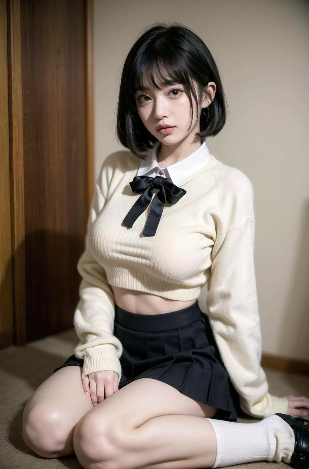 服の上から抑えられない巨乳の膨らみJK