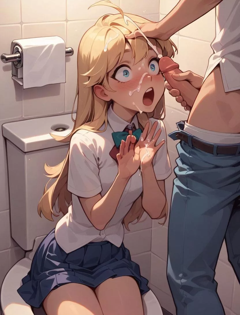 おトイレ中のイギリス娘の前でマスかいて顔射！