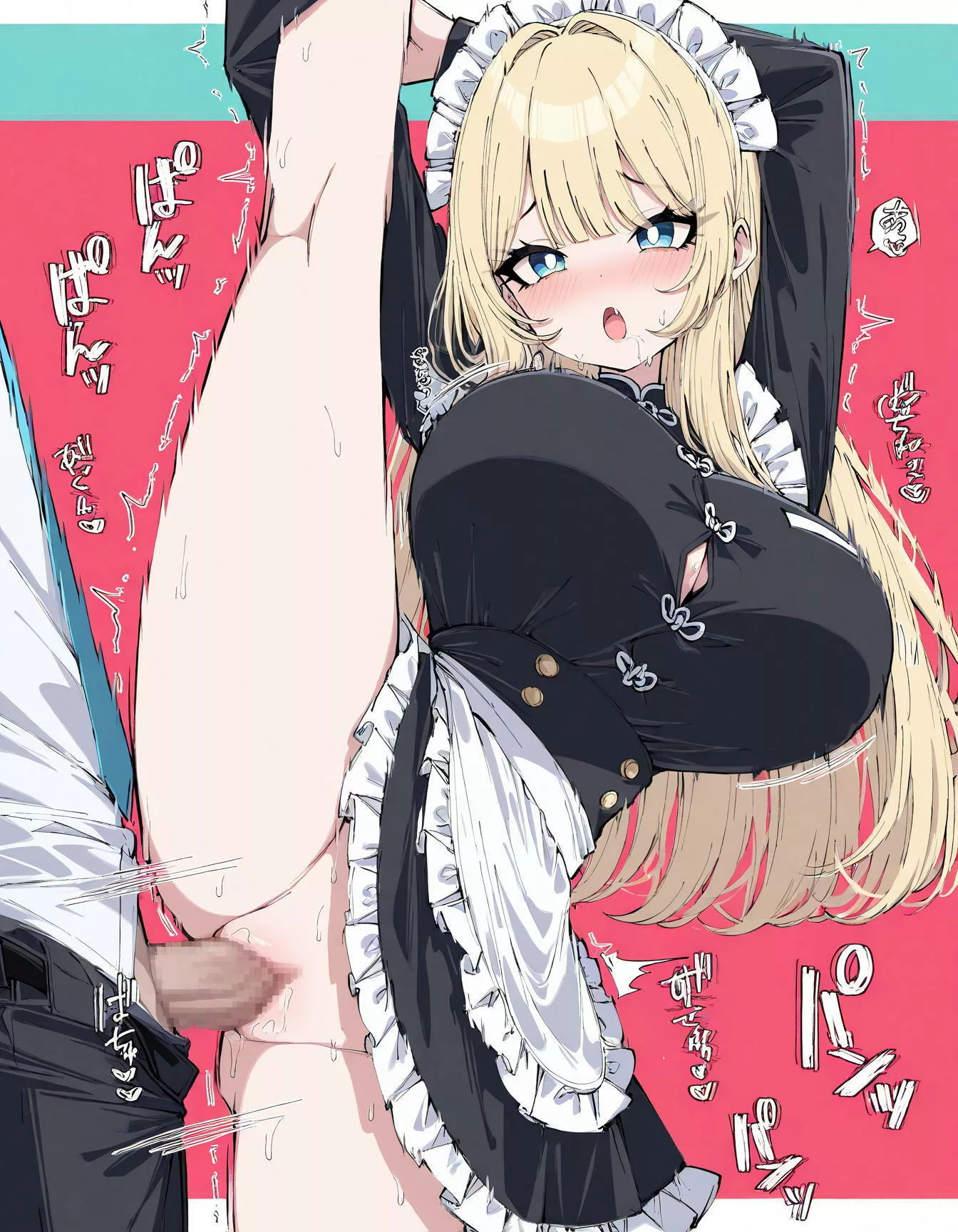 乳ボタン飛ばしそうなデカ乳メイドを立ち側位で突く！